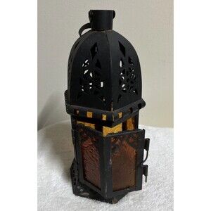 Amber Moroccan Candle Hanging Lantern Metal with Door 8 3/4" Tall